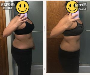 Before and after photos of a Boring Fitness client, 191.0 lb to 172.2 lb