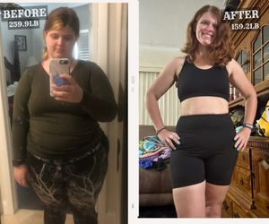 Before and after photos of a Boring Fitness client, 259.9 lb to 159.2 lb