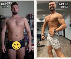 Before and after photos of a Boring Fitness client, Ryan, the coach. 231 lb to 181.2 lb on the same plan clients run.