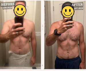 Before and after photos of a Boring Fitness client, 218.0 lb to 197.6 lb