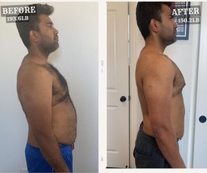 Before and after photos of a Boring Fitness client, 193.6 lb to 150.2 lb