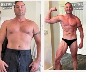Before and after photos of a Boring Fitness client, 214.5 lb to 179.8 lb