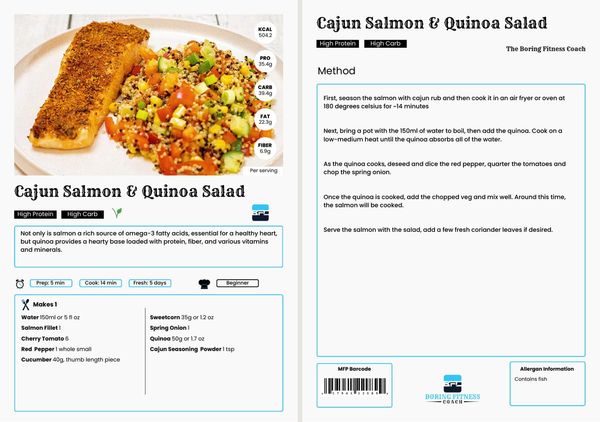 Two pages from the cookbook: the Cajun Salmon and Quinoa Salad recipe with its photo, macros per serving, ingredient list and method
