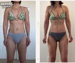 Before and after photos of a Boring Fitness client, 130.9 lb, leaner at the same weight