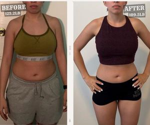 Before and after photos of a Boring Fitness client, 125.2 lb to 109.5 lb