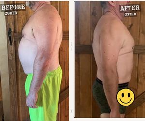 Before and after photos of a Boring Fitness client, 280 lb to 237 lb
