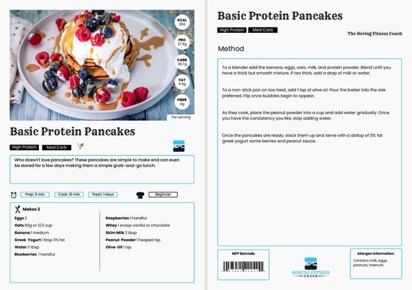 Two pages from the cookbook: the Basic Protein Pancakes recipe with its photo, macros per serving, ingredient list and method